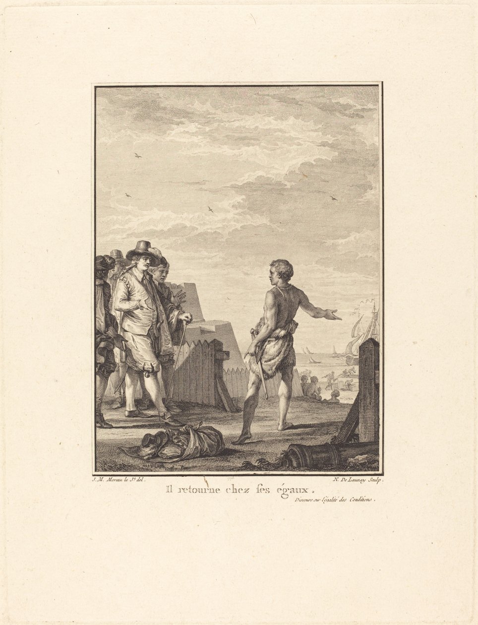 Tale om lige vilkår: Han vender tilbage til sine ligemænd af Nicolas Delaunay after Jean Michel Moreau