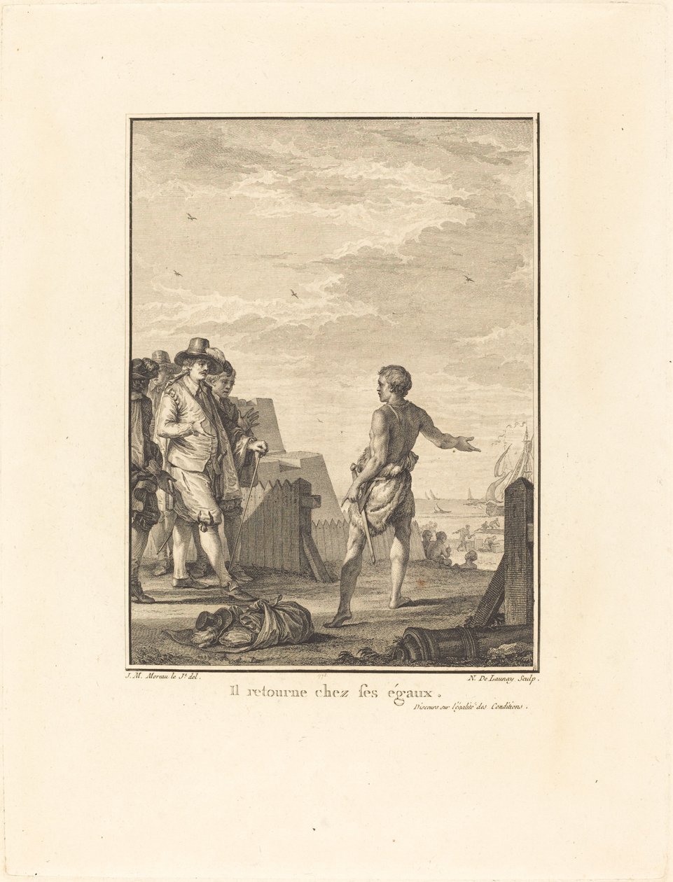 Tale om lige vilkår: Han vender tilbage til sine ligemænd af Nicolas Delaunay after Jean Michel Moreau