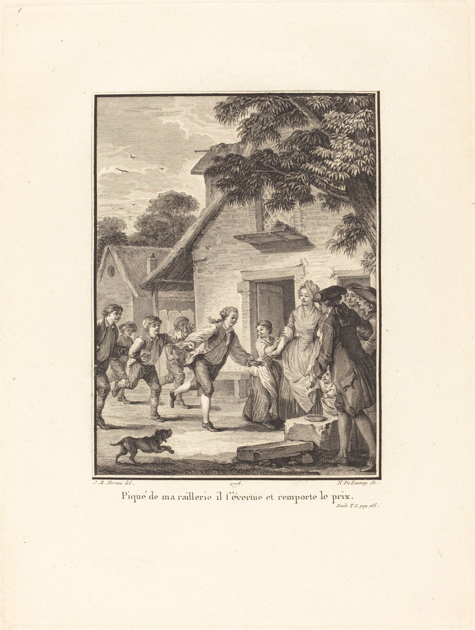 Stundet af min hån stræber han og vinder prisen af Nicolas Delaunay after Jean Michel Moreau