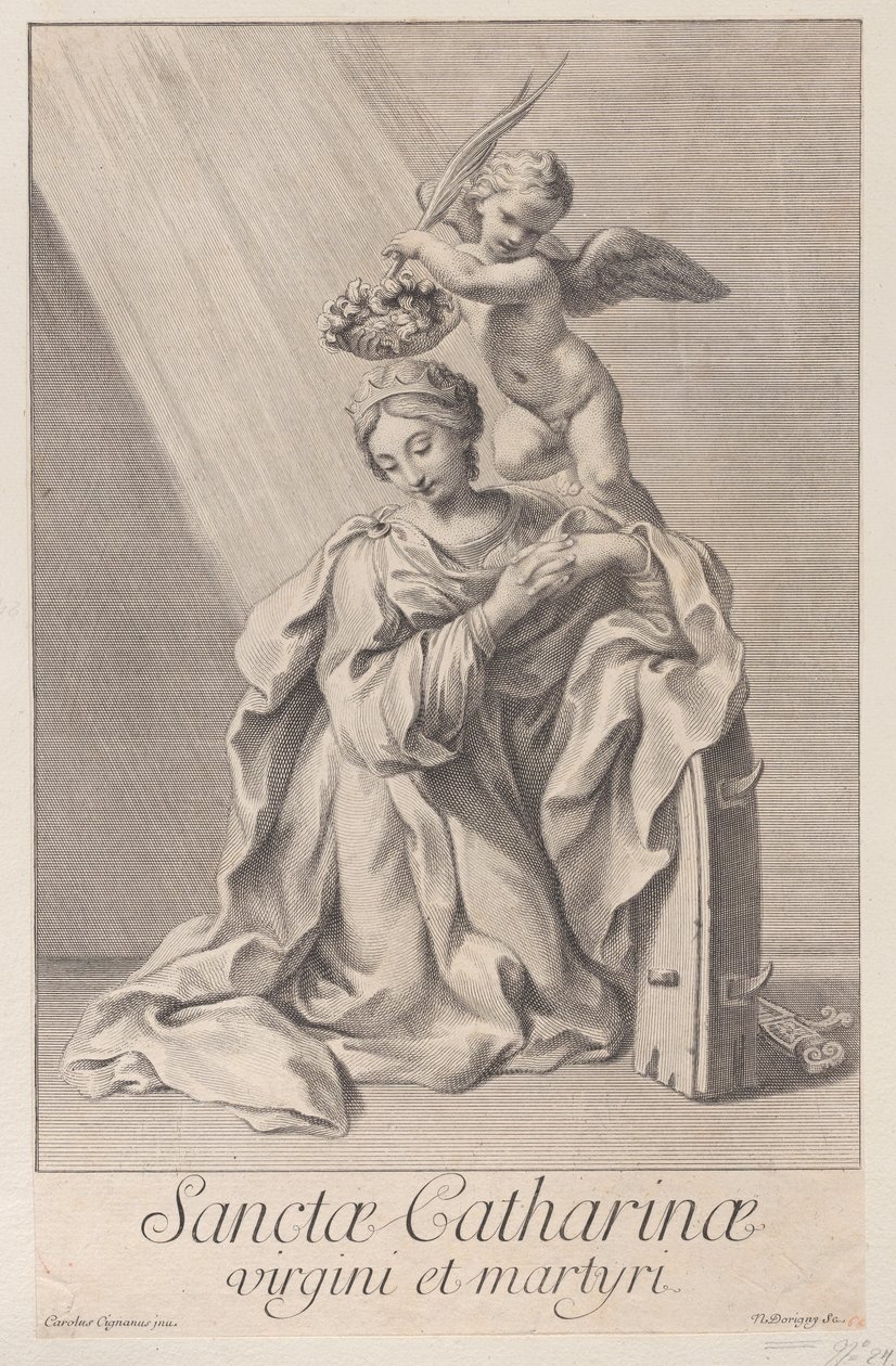 Den hellige Katarina af Alexandria, knælende med albuen hvilende på det spidse hjul, og en..., 1698. af Nicolas Dorigny