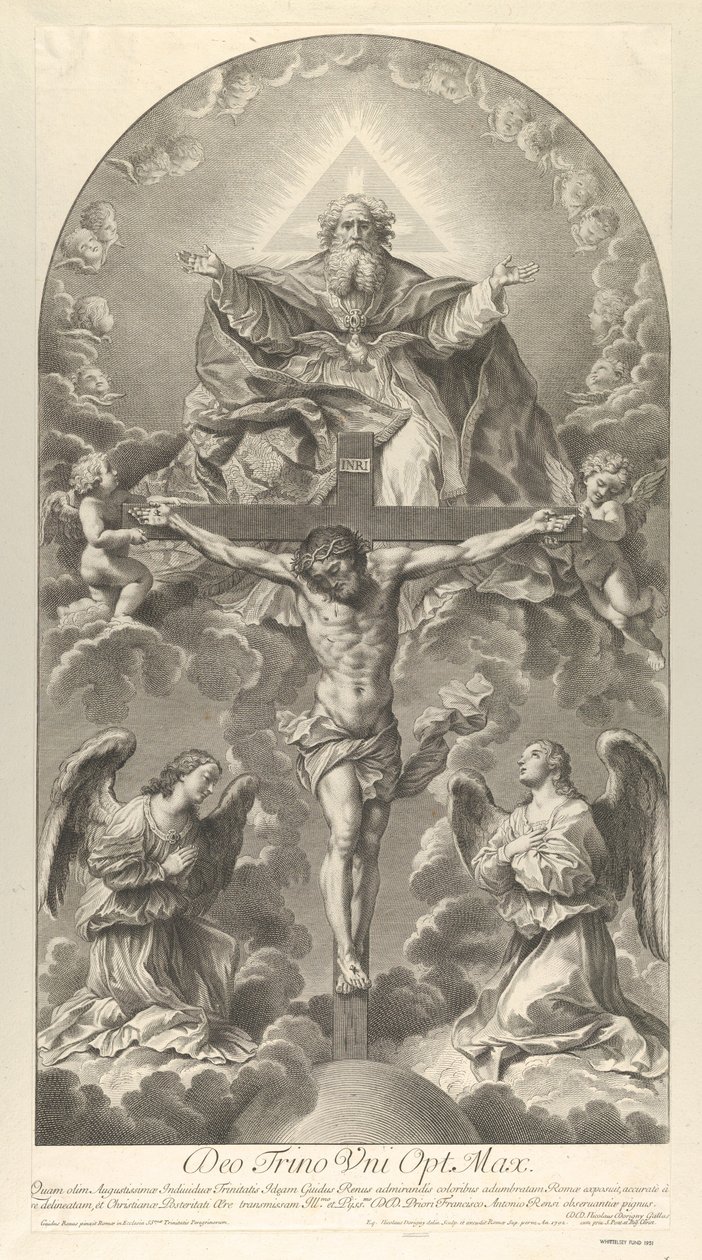 Den Hellige Treenighed, Kristus på korset flankeret af to engle, Helligånden som en due og..., 1702. af Nicolas Dorigny
