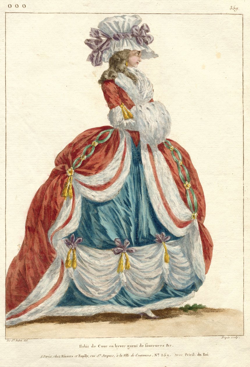 Marie Antoinette: The Queen of Fashion: Fransk mode- og kostumegalleri Gallerie des Modes et Costumes Francais, 1787, ooo.359, Hofkjole om vinteren (titel på objektet) af Nicolas Dupin