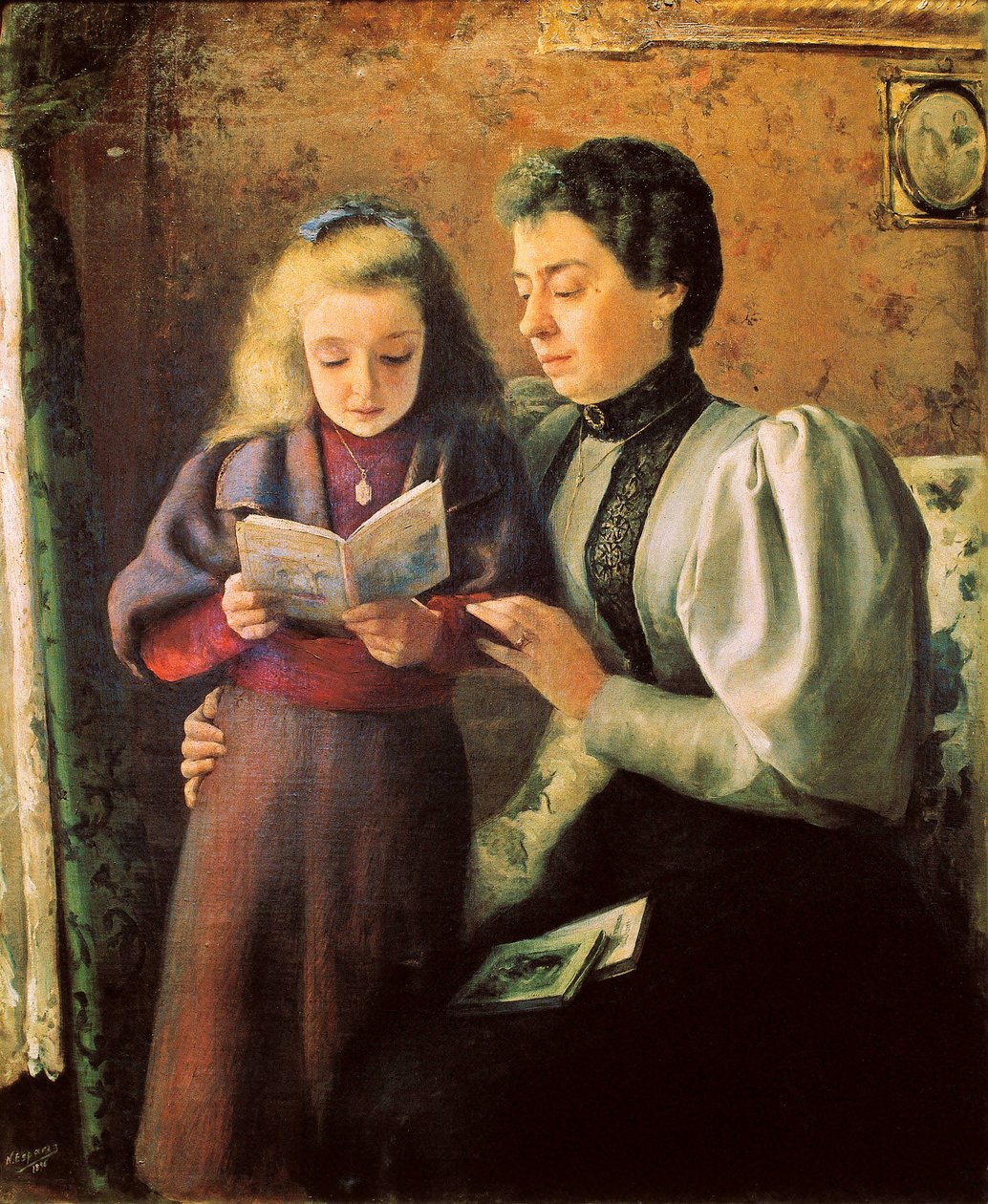 ""Hjælp til læsning"" Detaljer. Maleri af Nicolas Esparza Perez (1873-1928). december 1880 Pamplona. Navarra Museum. af Nicolas Esparza y Perez