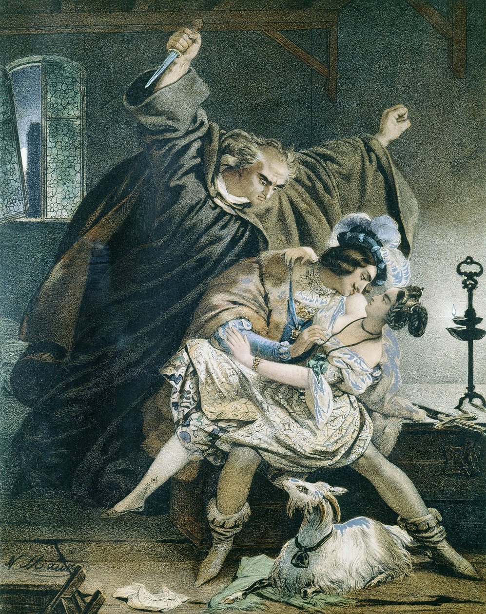 Esmeralda, Phoebus og claude Frollo (Notre Dame de Paris) af Victor Hugo.Illustration af Nicolas Eustache Maurin 1799-1850 Privat samling. af Nicolas Eustache Maurin