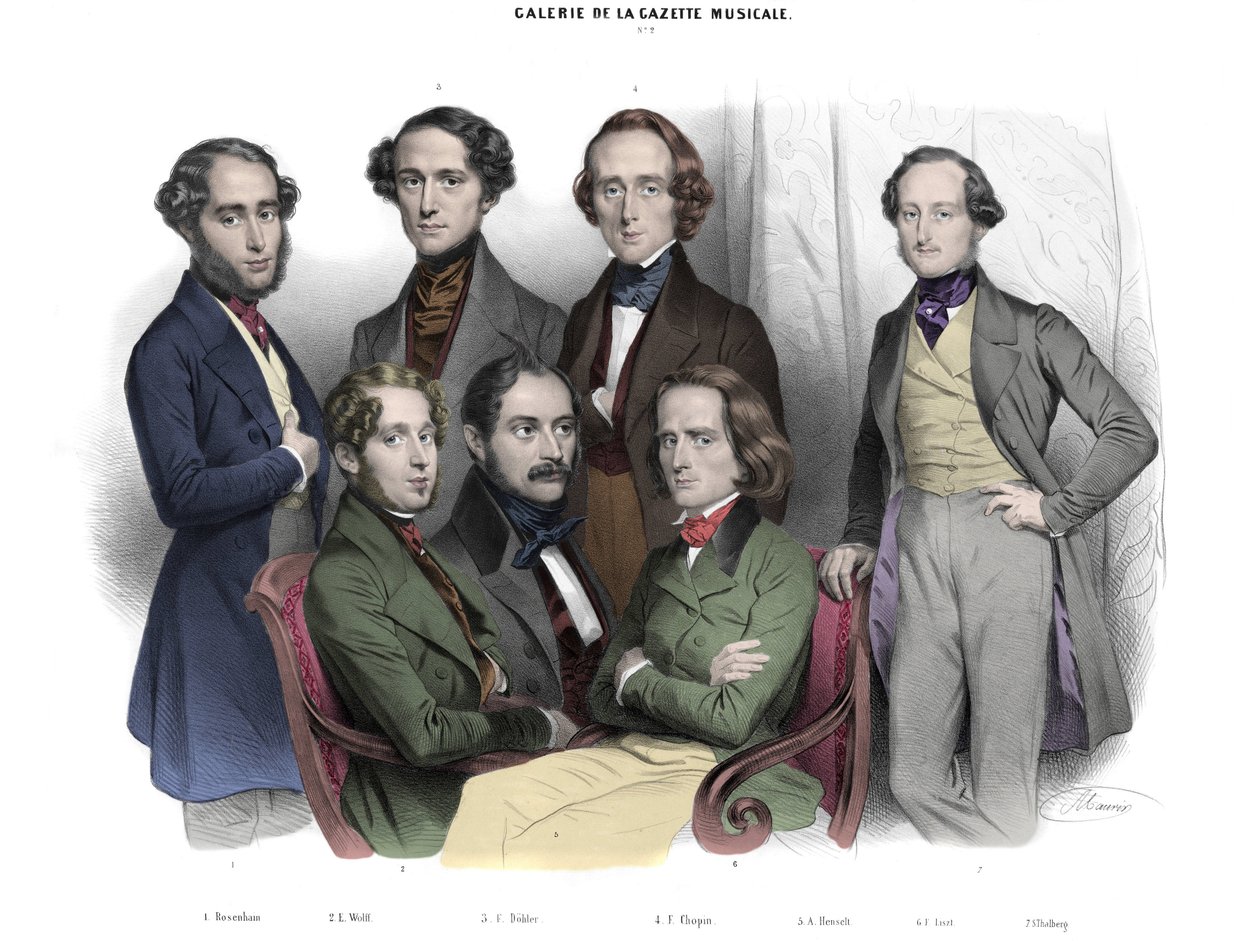 Galerie de la Gazette musicale N. 2. Berømtheder i 1842: Frederic Chopin (1810-1849) Franz Liszt (1811-1886), Jacob (Jakob, Jacques) Rosenhain, Edouard Wolff, Sigismund Thalberg, Adolf von Henselt, Theodor (Theodore) Dohler (1814-1856). Stik af Nicolas af Nicolas Eustache Maurin