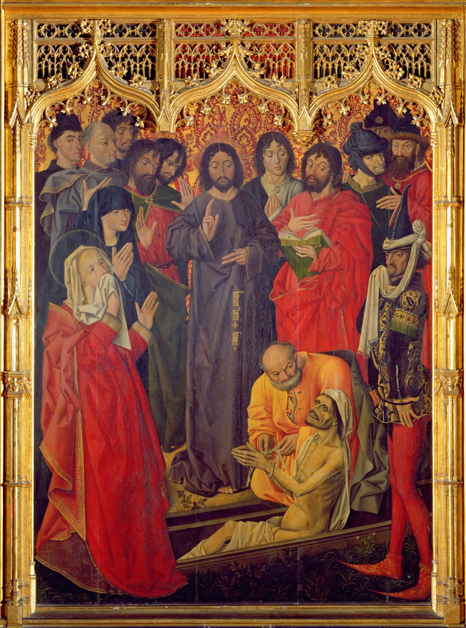 The Resurrection of Lazarus Triptykon, centralpanel af Lazarus, der rejser sig fra sin kiste, 1461 af Nicolas Froment