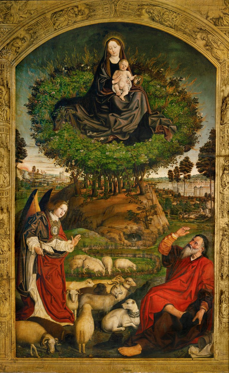 Jomfru Maria. Midterpanelet på alteret med den brændende busk (olie på træ) af Nicolas Froment