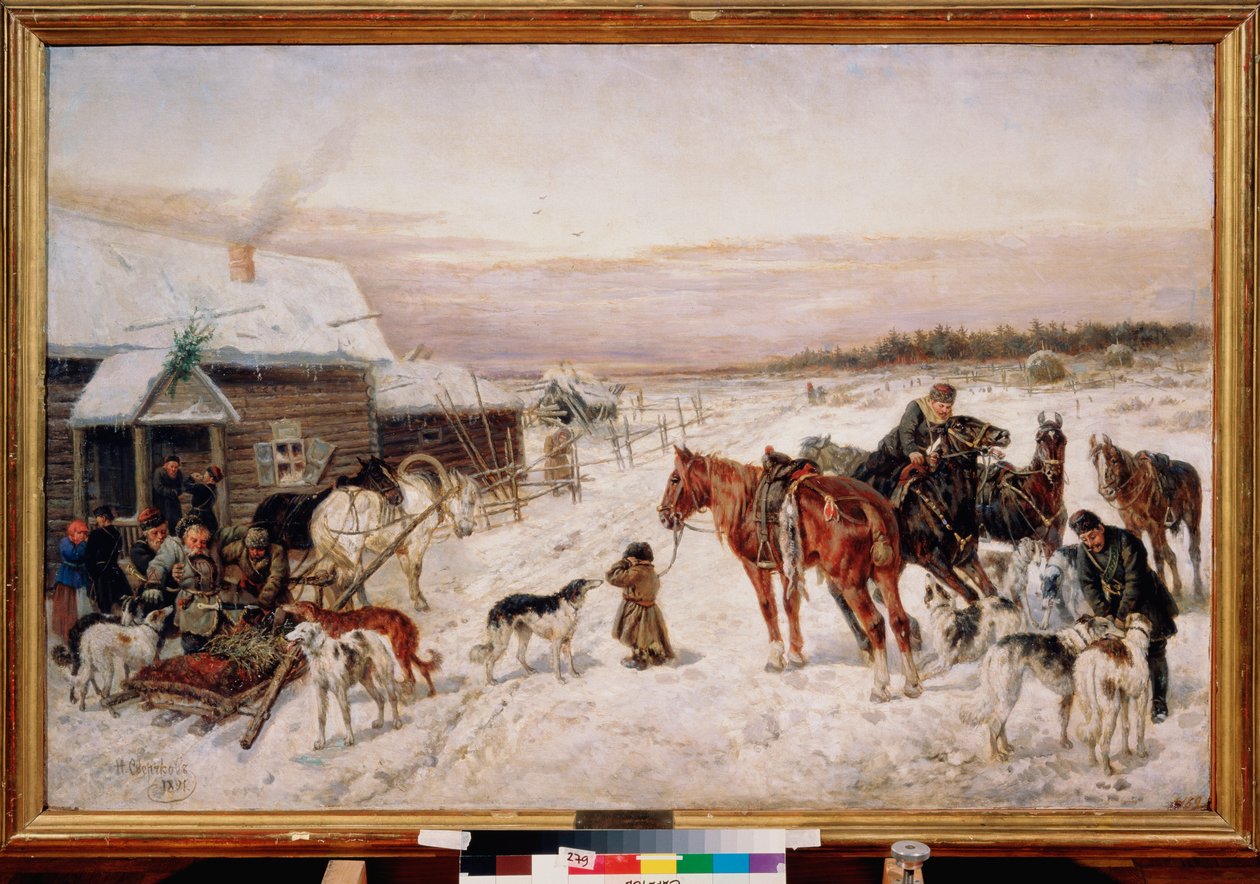 Før en pub om vinteren - Maleri af Nikolai Yegorovich Sverchkov (Nicolas Swertschkoff) (1817-1898), olie på lærred af Nicolas Gregorovitch Svertschkoff