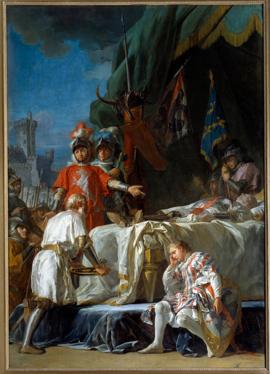 Hundredårskrigen: "" Bernard du Guesclins (1320-1380) død før Chateauneuf de Randon den 13/07/1380"" Maleri af Nicolas Guy Brenet (1728-1792) 1700-tallet søn. 3,83x2,64 m Paris, af Nicolas Guy Brenet