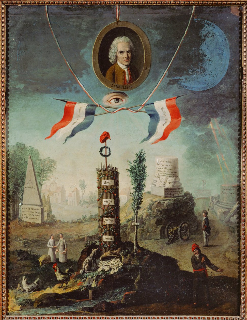 Allegori over den franske revolution med et portræt af Jean-Jacques Rousseau og en jakobinsk frygisk kyse ... af Nicolas Henri Jeaurat de Bertry