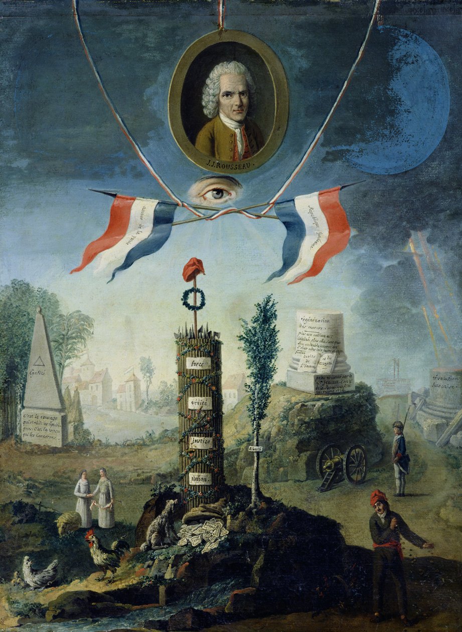 En allegori over revolutionen med en portrætmedaljon af Jean-Jacques Rousseau (1712-78) 1794 af Nicolas Henri Jeaurat de Bertry