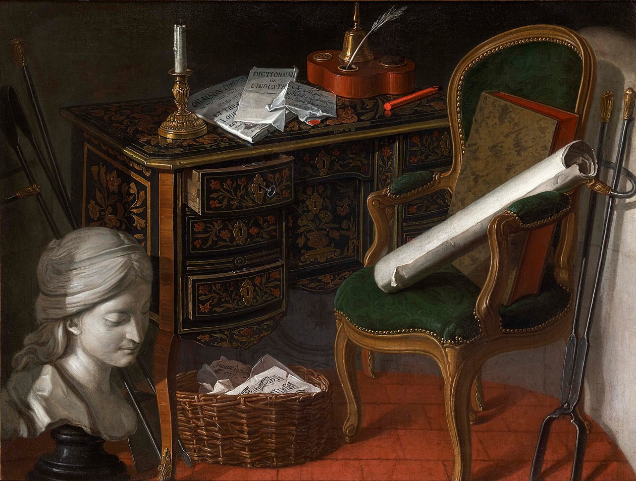 En af et par Devants de Cheminée: A Writing Desk, 1777 af Nicolas Henri Jeaurat de Bertry