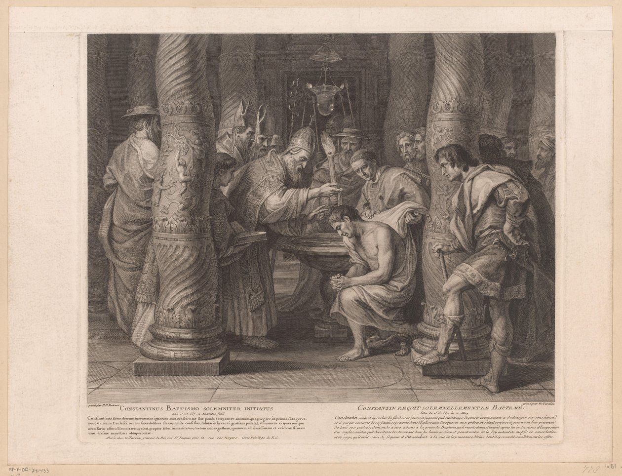 Kejser Konstantins dåb af pave Silvester I Constantinus baptismo solemniter initiatus / Constantin reçoit solemnelllement le baptème (titel på objektet) Historien om kejser Konstantin den Store (serietitel) af Nicolas Henri Tardieu
