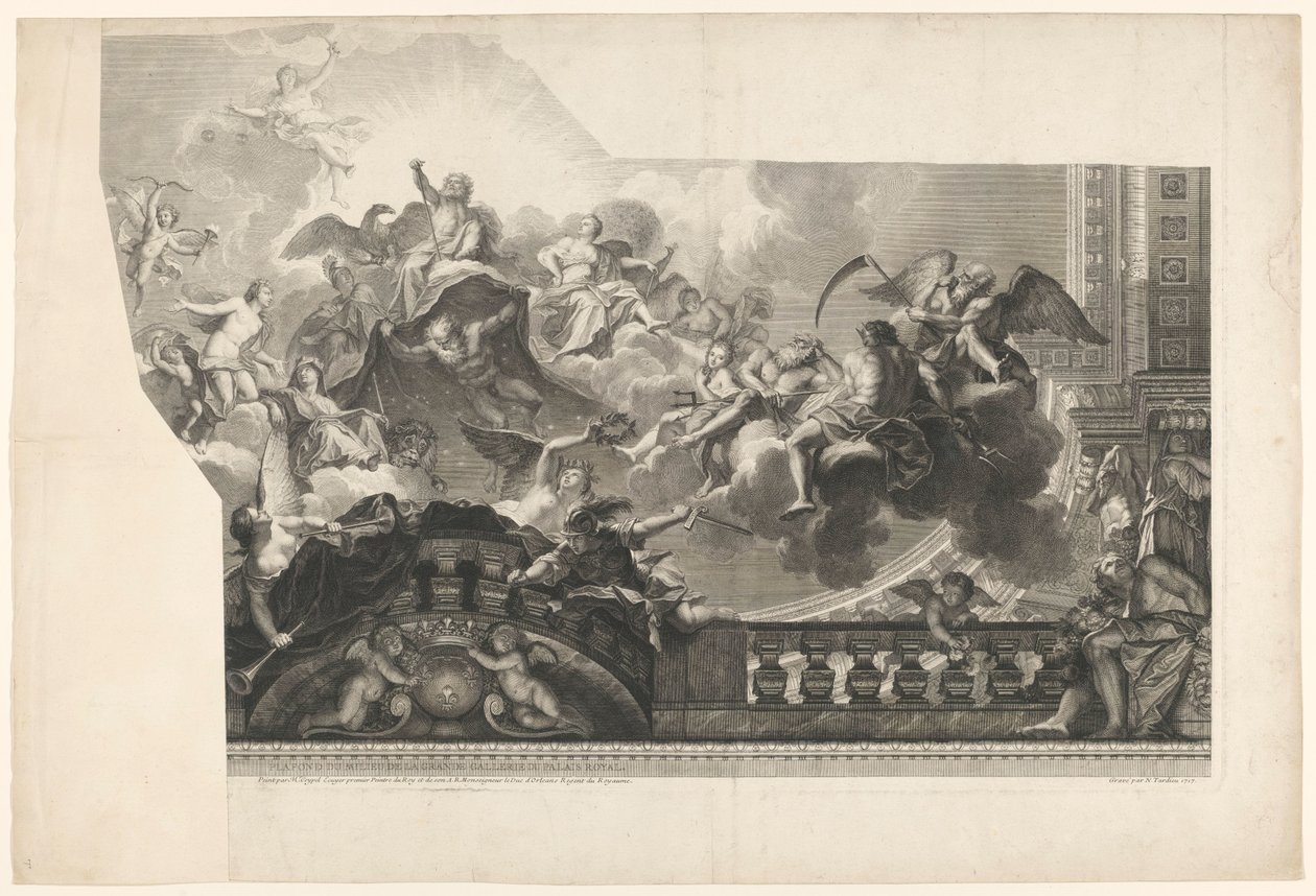 Loftmaleri med samling af guder (plade 2) Plafond du Milieu de la Grande Gallerie du Palais Royal (titel på objekt) af Nicolas Henri Tardieu