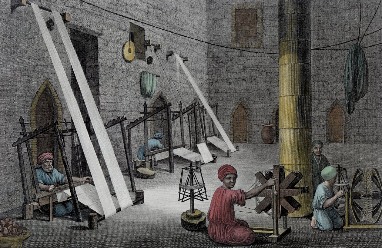Interiør af et væverværksted, fra bind II Arts and Trades af 