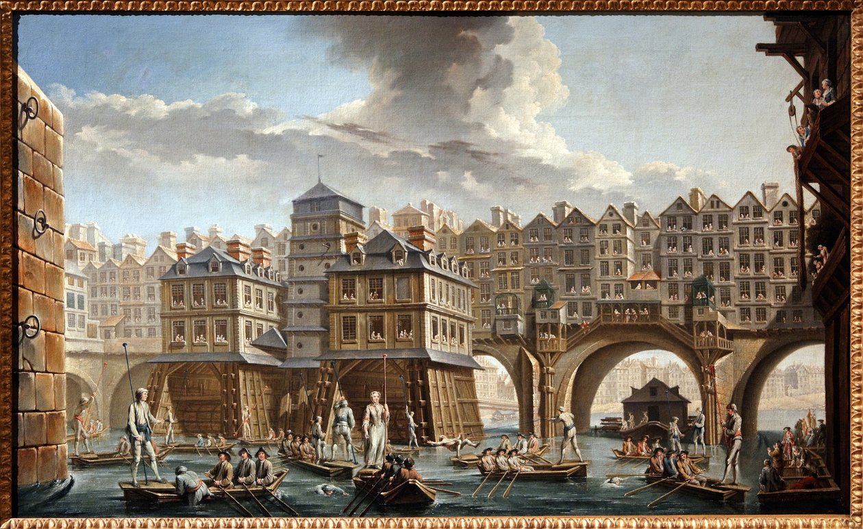 Prammændenes dyst mellem Notre Dame-broen og Pont au Change af Nicolas and Jean Baptiste Raguenet