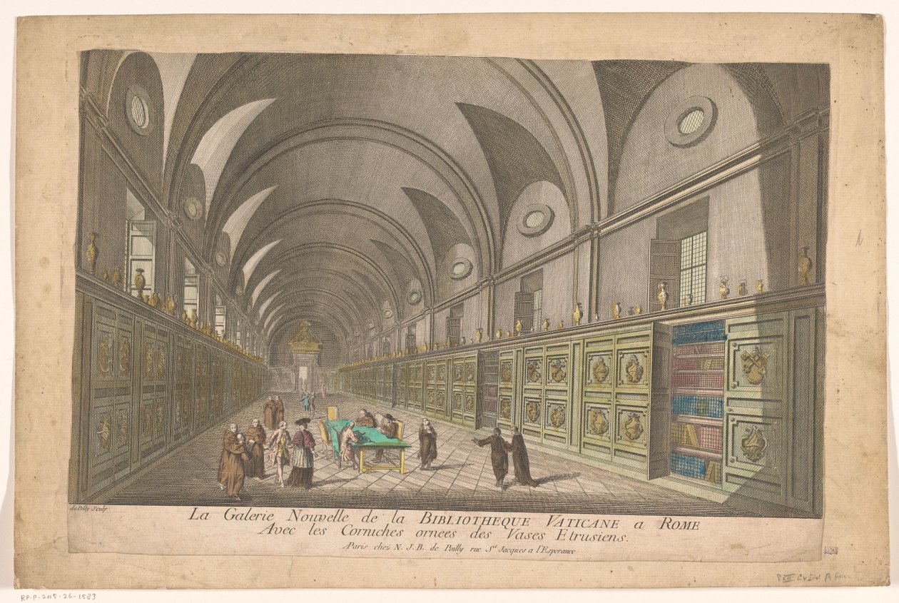 Galleri i Vatikanets bibliotek Det nye galleri i Vatikanets bibliotek i Rom med gesimserne dekoreret med etrusiske vaser (titel på objektet) af Nicolas Jean Baptiste Poilly