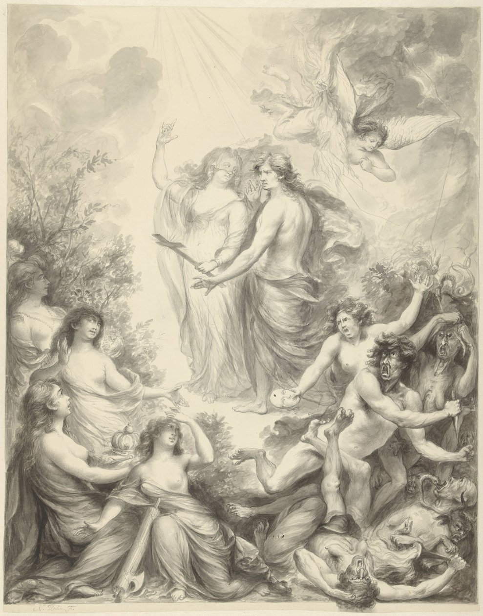 Allegori, hvor Faith viser en mand den rigtige vej af Nicolas Joseph Delin