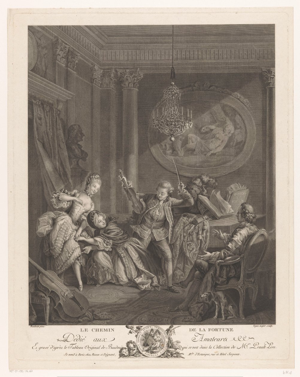 En violinist og to unge kvinder i et interiør, en siddende mand ser på Le Chemin de la Fortune (titel på objekt) af Nicolas Joseph Voyez
