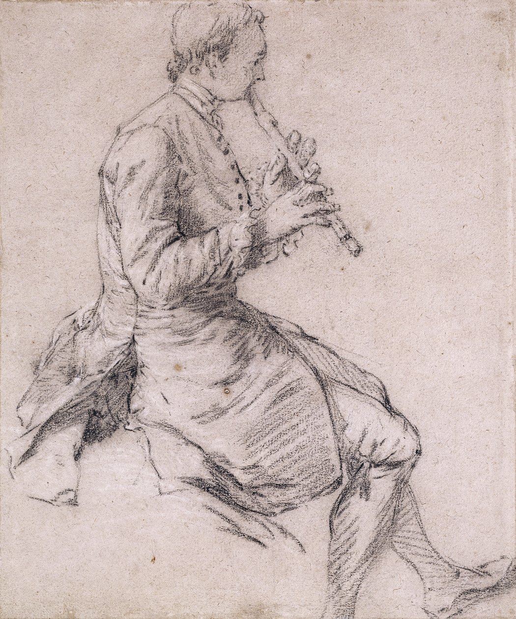 En siddende mand, der spiller fløjte, i profil til højre, ca. 1720