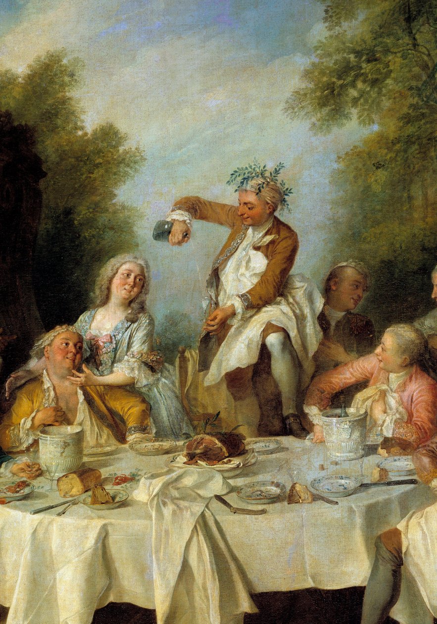 Skinke morgenmad. Scene af en landbanket omkring en skinke i adelen. Detalje. Maleri af Nicolas Lancret (1690-1743) 1735. Søn 1,8x1,2 m Chantilly, museum Conde af Nicolas Lancret