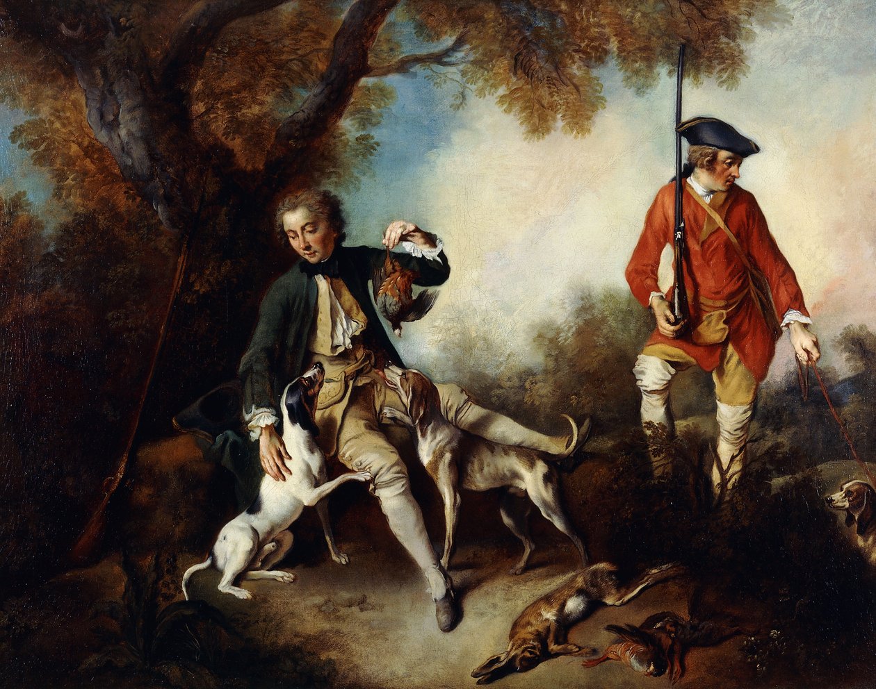 La Halte de Chasseurs": En jæger, der holder en vildtfugl og hviler ved et træ, hans tjener og hunde i nærheden, af Nicolas Lancret