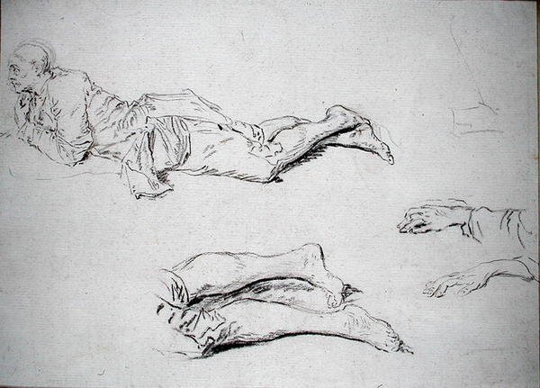 Studie af en mand liggende på jorden (sort kridt på papir) af Nicolas Lancret
