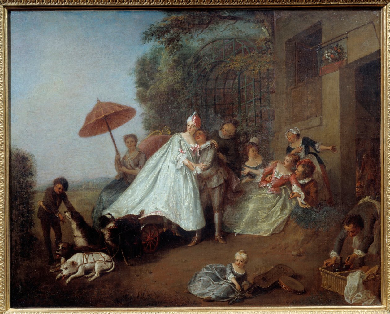 Ankomsten af en dame i en bil trukket af hunde. Maleri af Nicolas Lancret (1690-1743) af Nicolas Lancret
