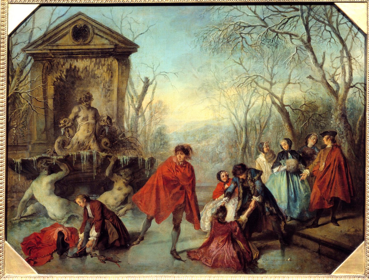 Vinterskøjteløb på en gele sø. Maleri af Nicolas Lancret (1690-1743) 1738 søn. 0,69x0,89 m af Nicolas Lancret