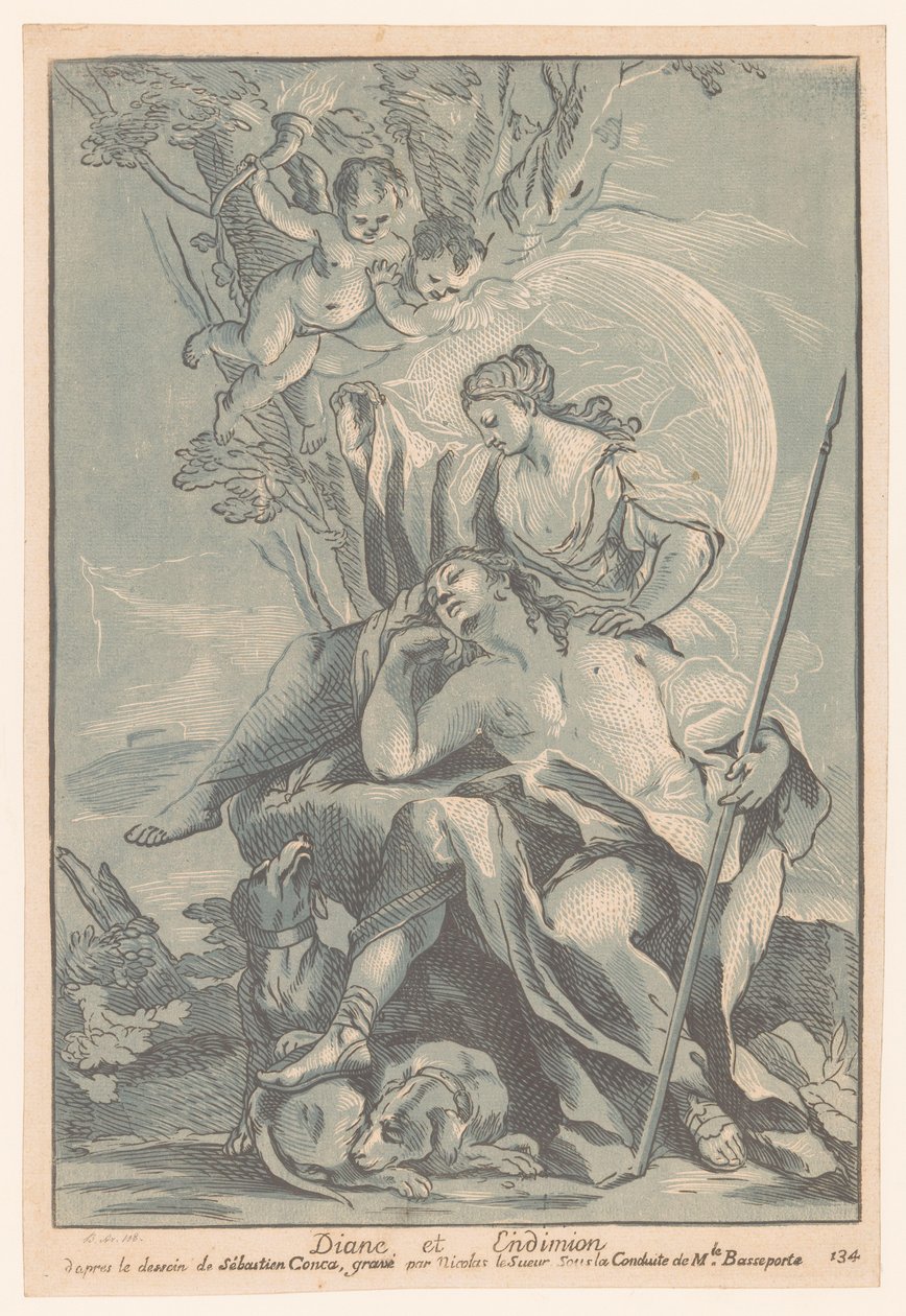 Diana som Endymion Diana og Endimion (titel på objekt) Cabinet Crozat (serietitel) Samling af tryk fra de smukkeste malerier og fra de smukkeste designs, der er i Frankrig (serietitel) af Nicolas LeSueur