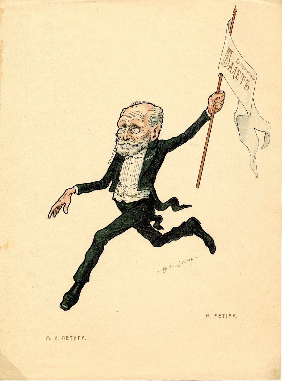 Portræt af Marius Petipa (1818-1910) fransk danser og koreograf - Litografi af Nikolai Gustavovich Legat (1869-1937), uddrag fra Ballet russe en caricatures af Nicolas Legat