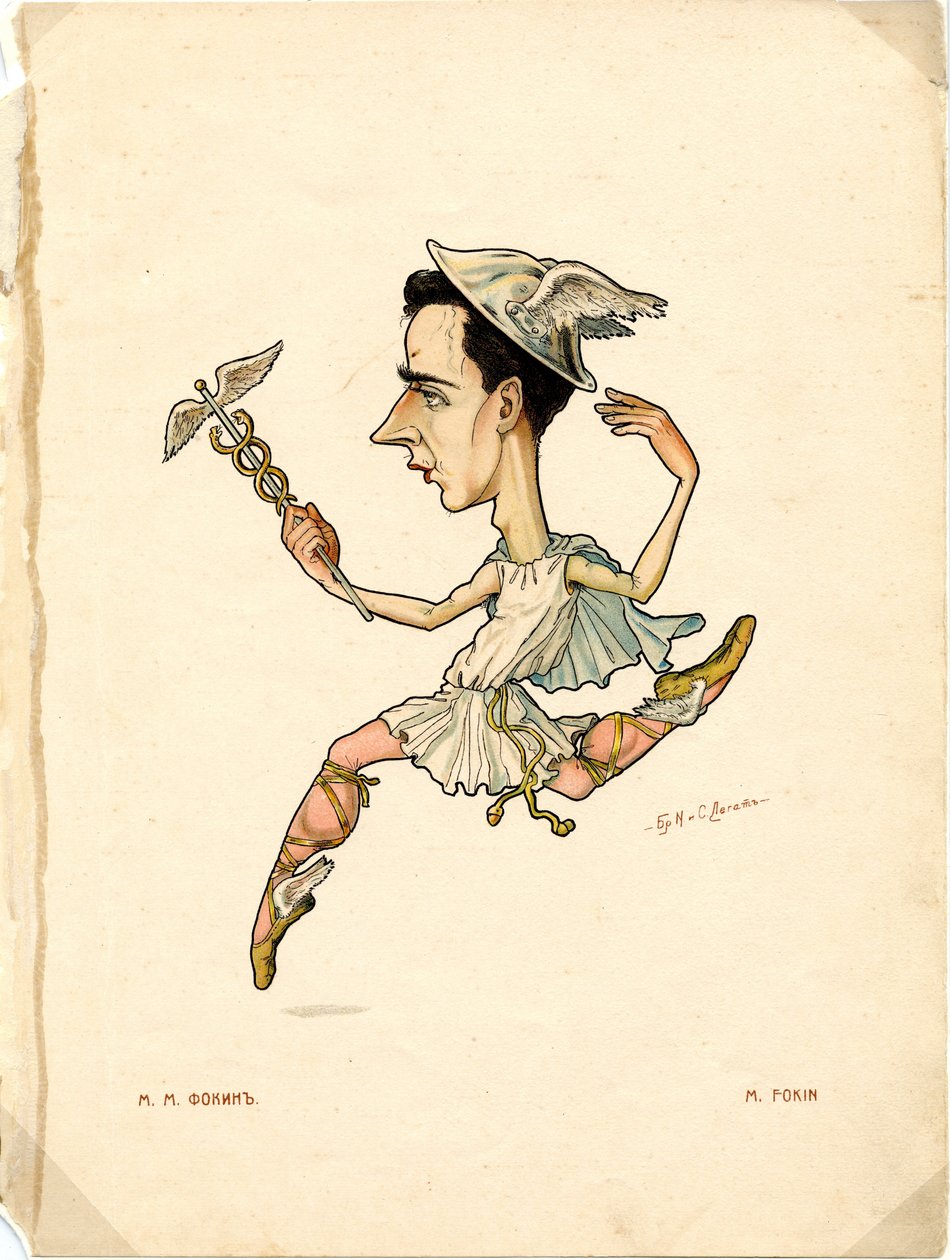 Portræt af Mikhail (Michel) Fokine (1880-1942) russisk danser og koreograf - Litografi af Nikolai Gustavovich Legat (1869-1937), uddrag fra Ballet russe en caricatures af Nicolas Legat