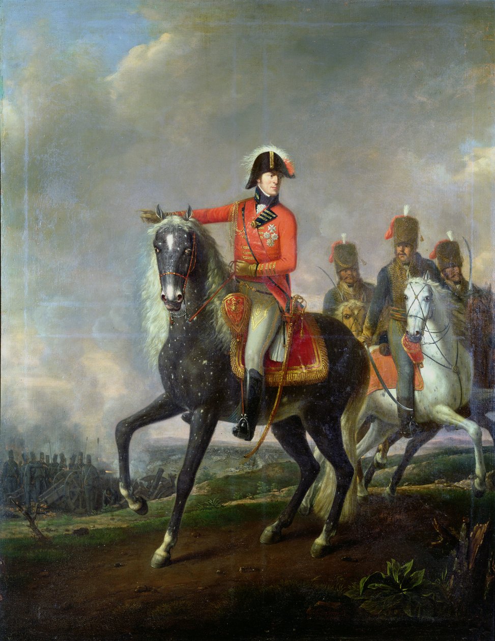 Ridesportræt af hertugen af Wellington med britiske husarer på en slagmark, 1814 af Nicolas Louis Albert Delerive