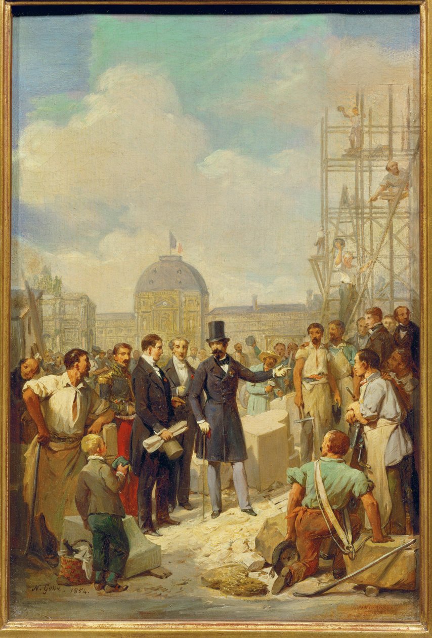 Napoleon III besøger byggepladsen for det nye Louvre af Nicolas Louis Francois Gosse