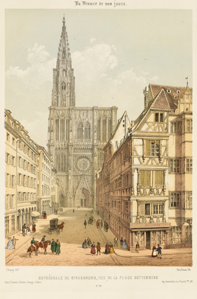 Rue Mercière og vestfronten af Strasbourg-katedralen af Nicolas Marie Joseph (after) Chapuy