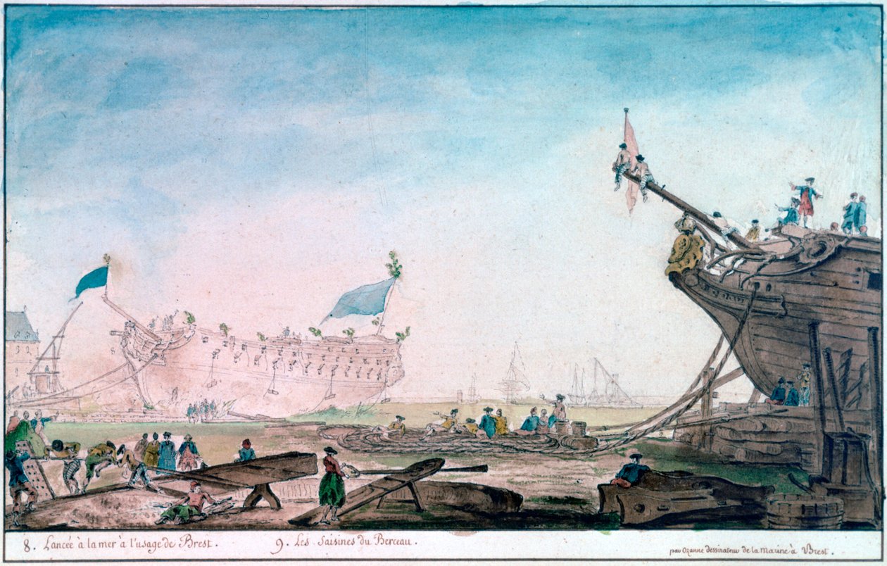 Søsætning af et skib ved Brest, c1750-1810 af Nicolas Marie Ozanne