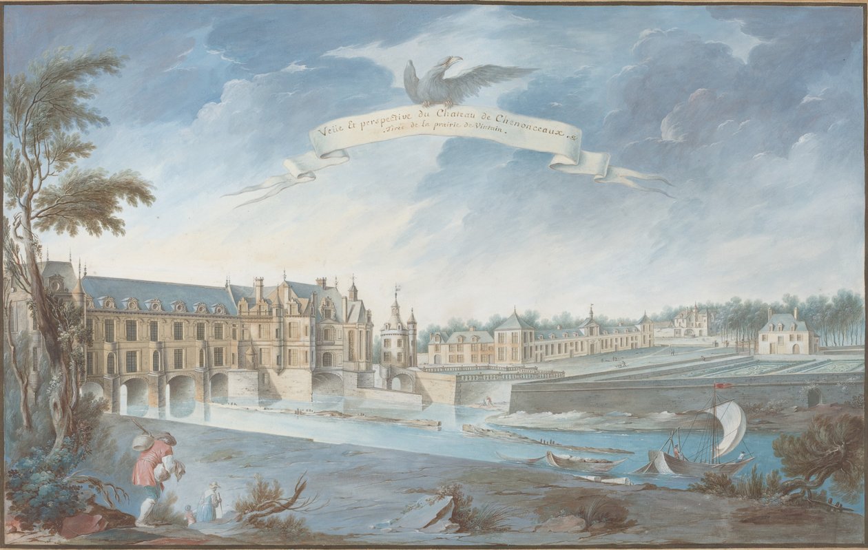 Udsigt og perspektiv af Chateau de Chenonceaux af Nicolas Marie Ozanne