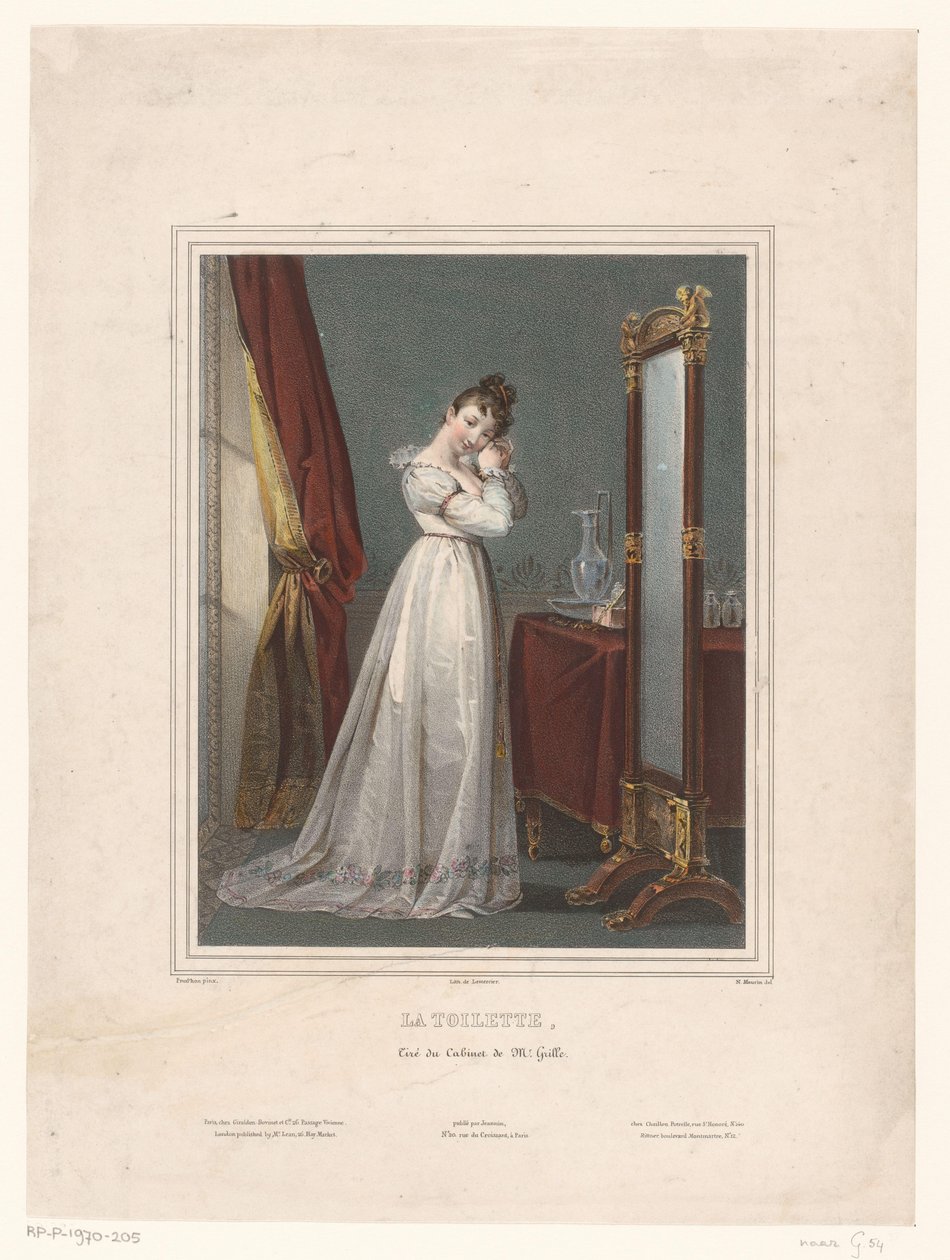 Ung kvinde stående foran spejlet La toilette (titel på objekt) af Nicolas Maurin