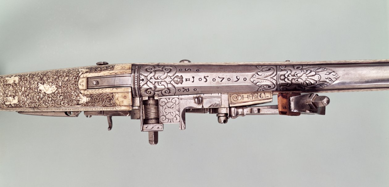 Et par præsentationspistoler i flintlås med sølvbeslag, som Napoleon I traditionelt gav til sin bror Joseph Bonaparte, da han fik den spanske krone, sandsynligvis i 1808. Fremstillet af Nicholas Noel Boutet, Versailles. af Nicolas Noel Boutet