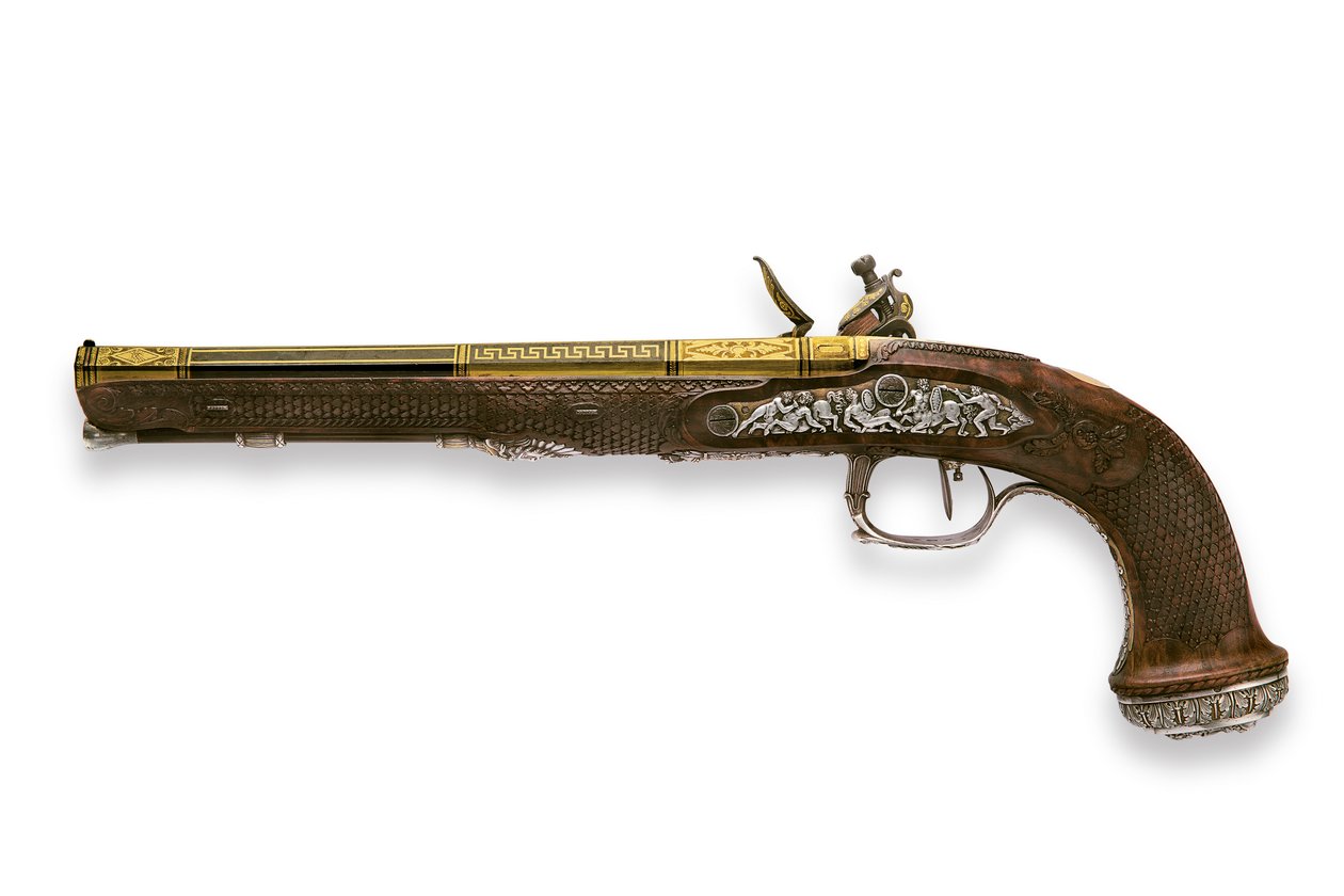 En af et par sølvmonterede riflede flintlåspistoler, Versailles af Nicolas Noel Boutet