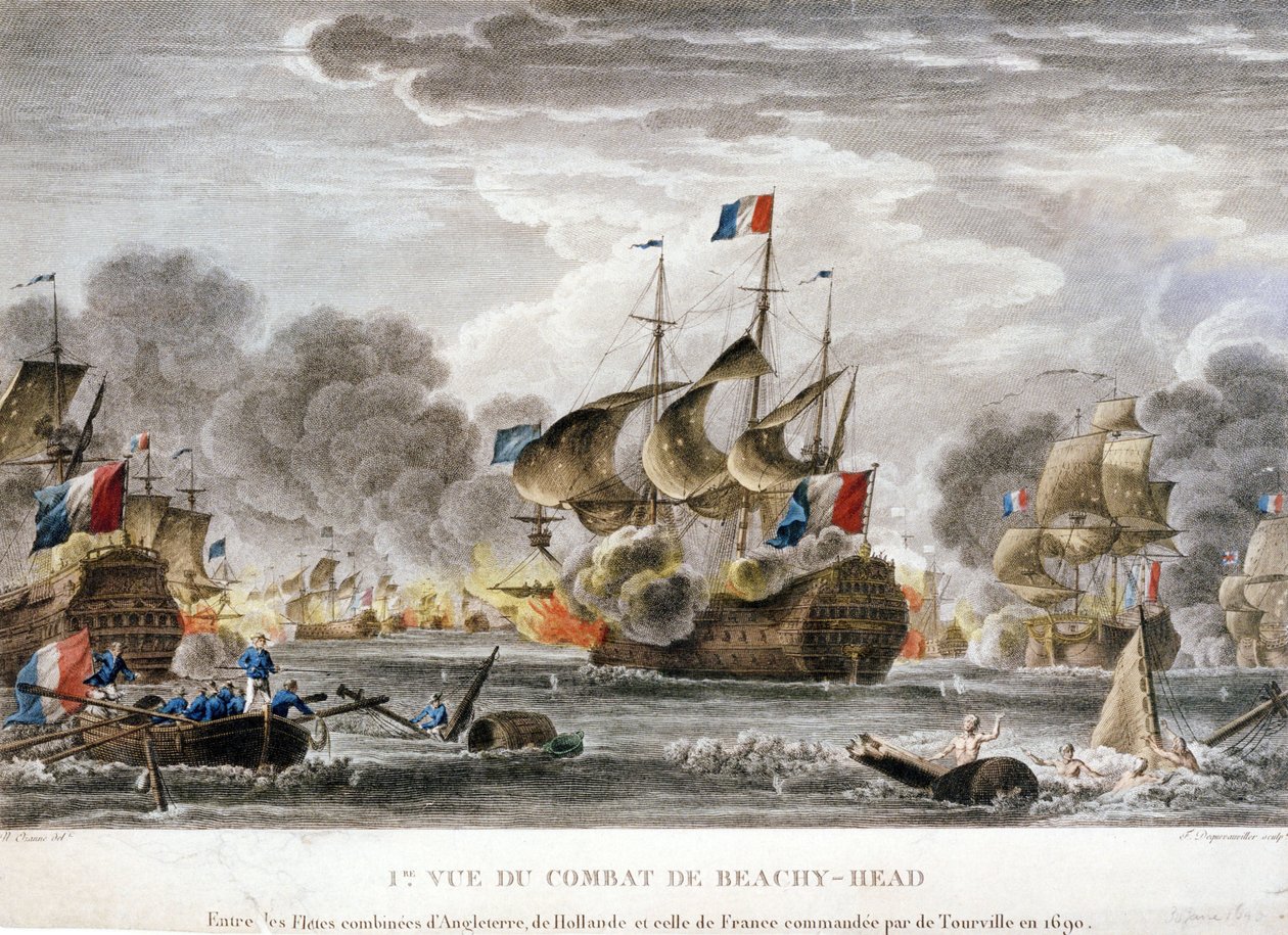 Augsburg-krigen: "Udsigt til slaget ved Cape Beveziers eller Beachy Head mellem den franske og den engelsk-hollandske flåde den 10.07.1690" Tegning af Nicolas Ozanne (1728-1811) af Nicolas Ozanne