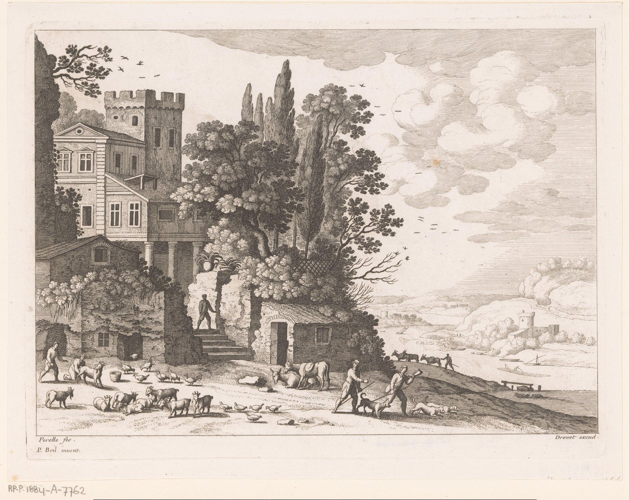 Landskab med hus, figurer og kvæg af Nicolas Perelle