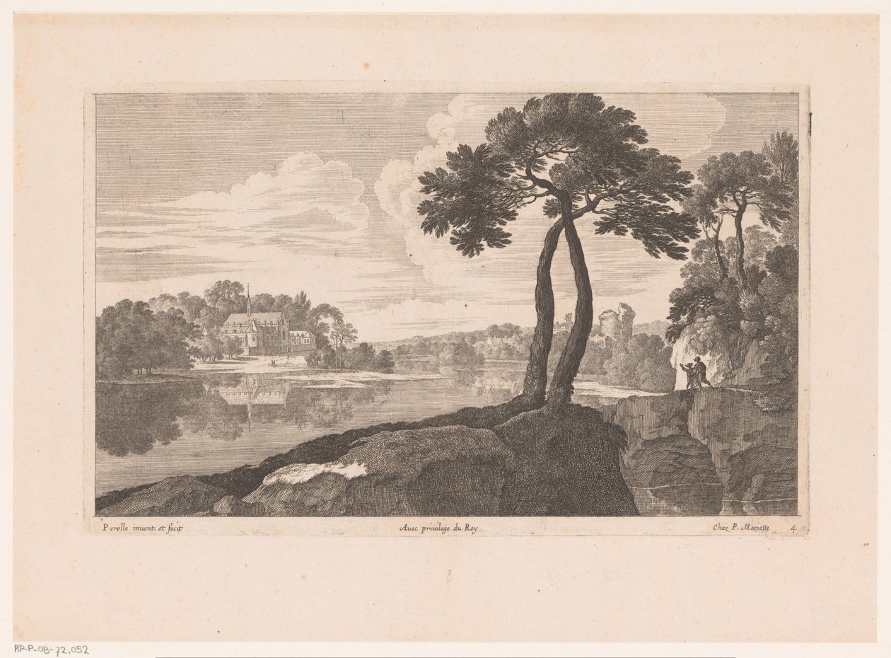 Landskab med et kloster ved floden af Nicolas Perelle