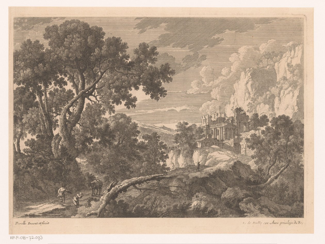 Landskab med en knælende figur ved et æsel af Nicolas Perelle