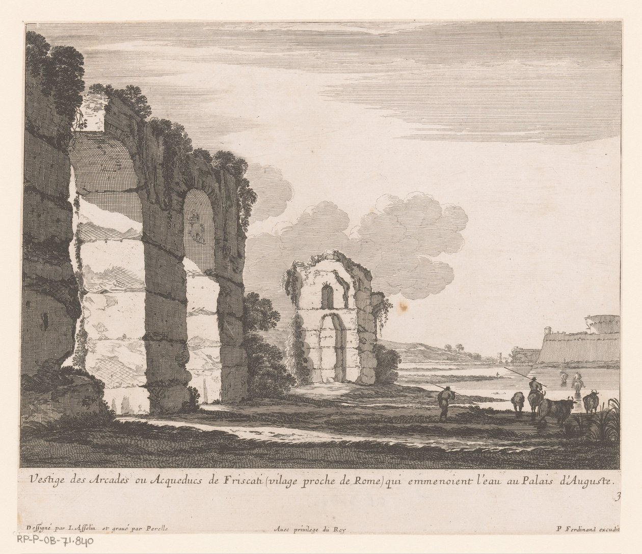 Landskab med ruiner og kohyrder Vestige des Arcades ou Aqueducs de Friscati (...) (titel på objekt) af Nicolas Perelle