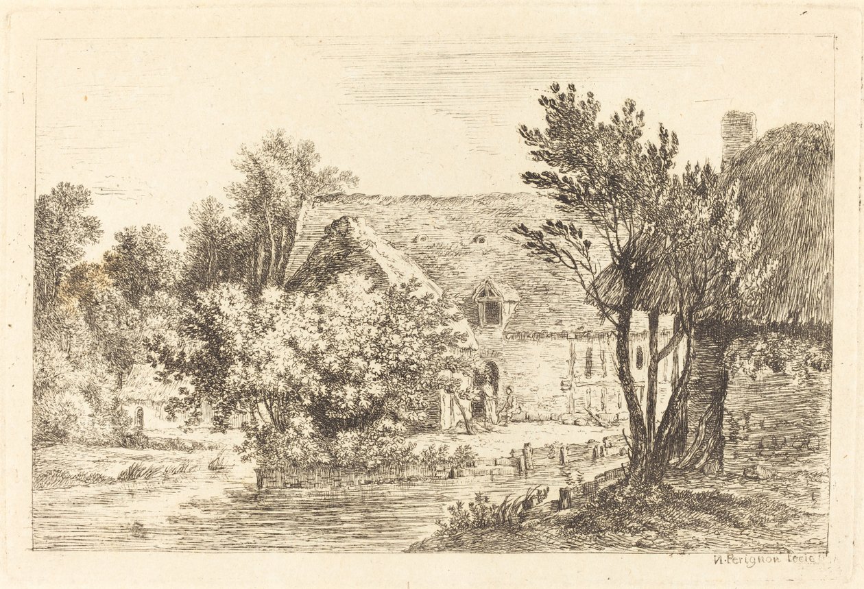 Et hus og et skyggefuldt sommerhus ved bredden af en flod af Nicolas Perignon