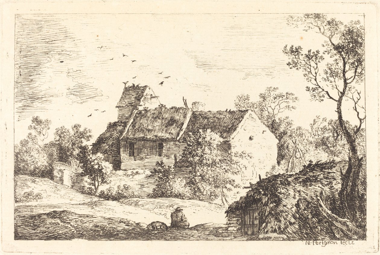 Hus med et dueslag i et bølgende landskab af Nicolas Perignon