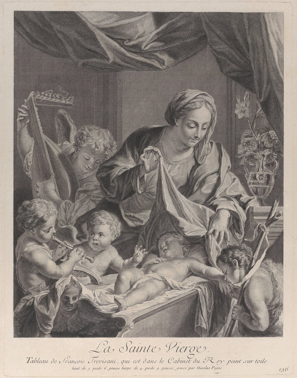 Jomfruen holder et klæde over det sovende Kristusbarn, med musikalske engle og..., ca. 1729. af Nicolas Pigne
