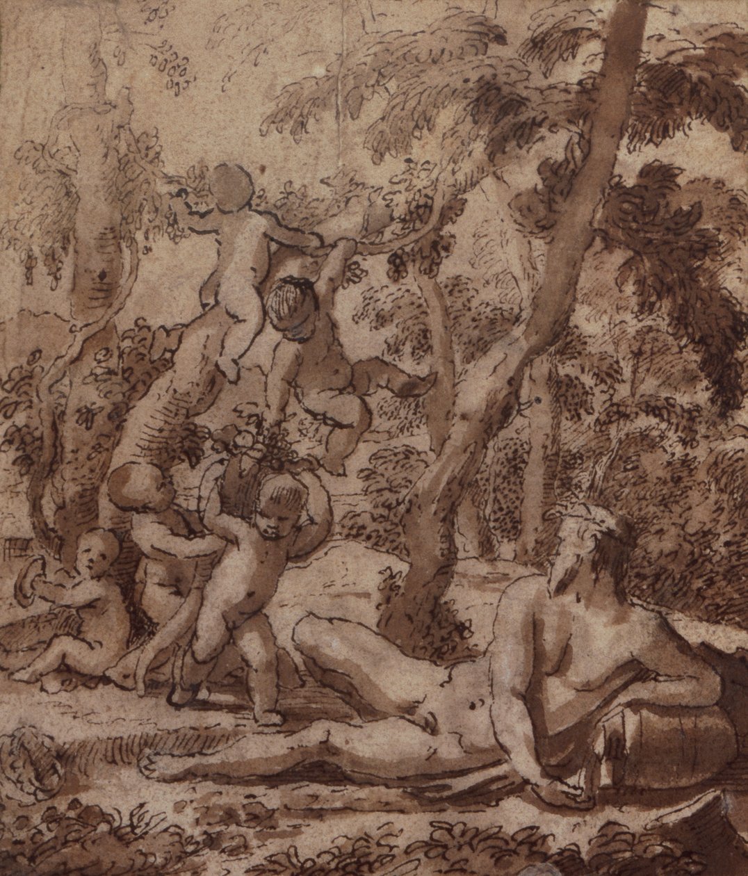 Et skovklædt landskab med en flodgud og Putti (pen og blæk) af Nicolas Poussin