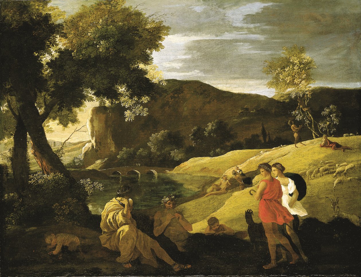Et arkadisk landskab med historier fra legenderne om Pan og Bacchus (olie på lærred) af Nicolas Poussin